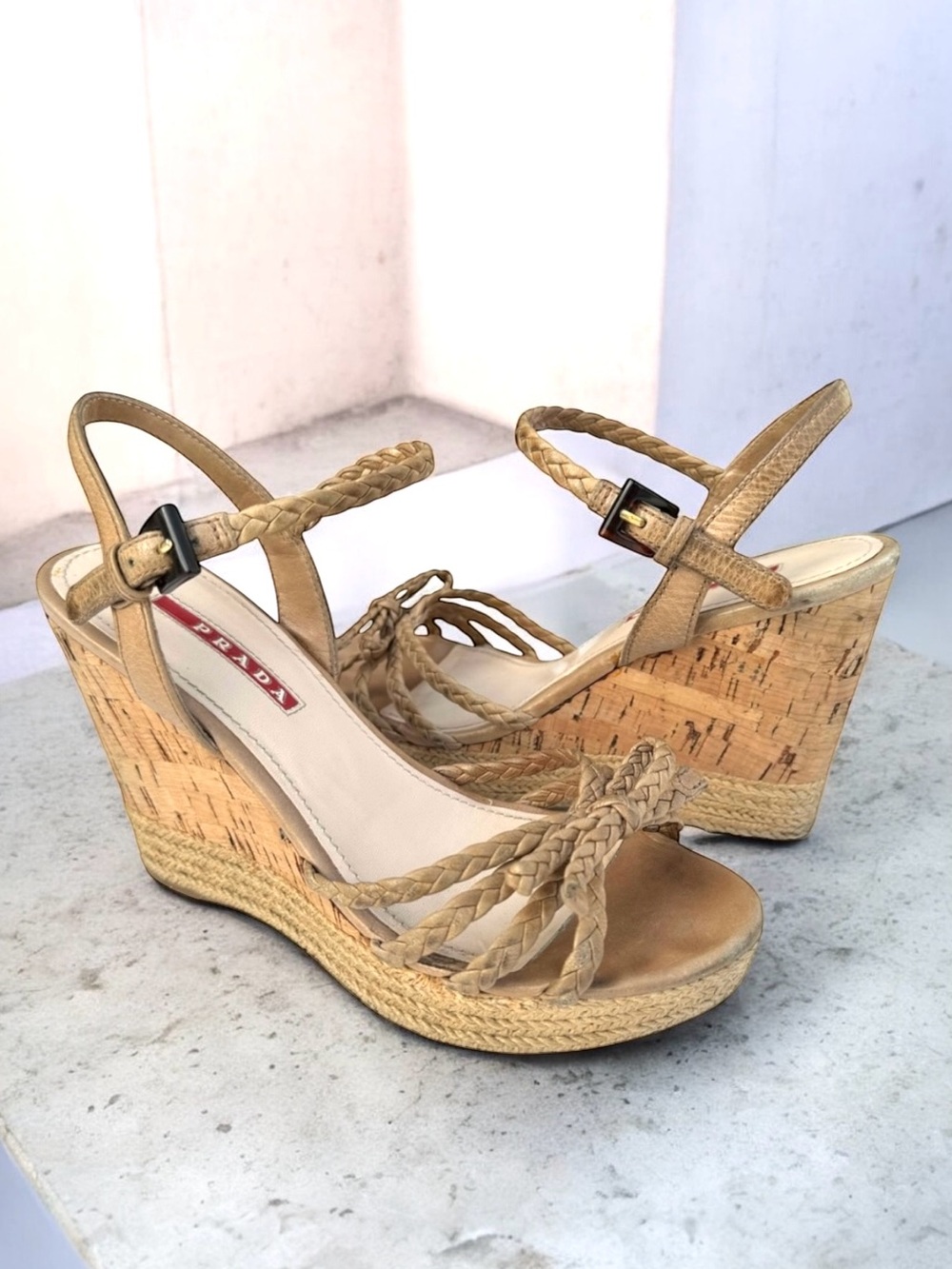 PRADA Strappy Sandals Cork Wedges Tan